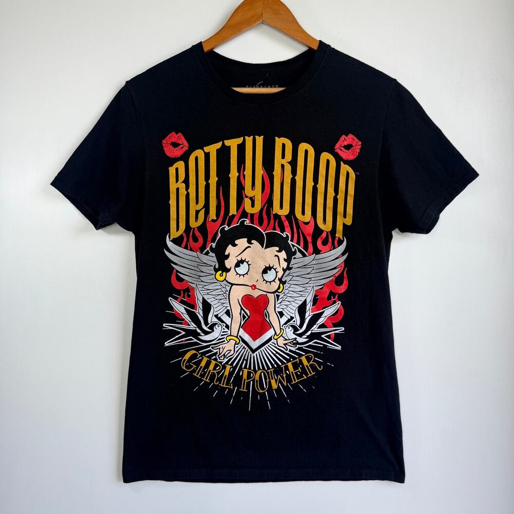 Fleischer Betty Boop Girl Power Graphic Tee Black Shirt Tattoo Wings Medium